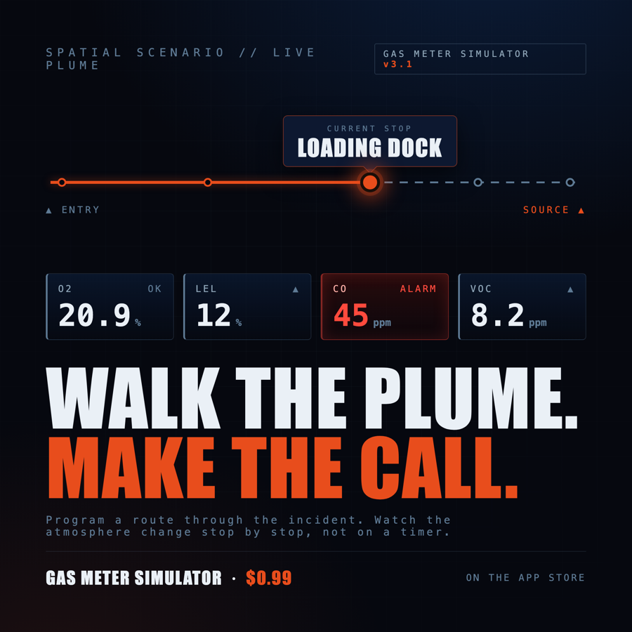 Spatial Scenario route slider showing live CO alarm as the trainee advances toward the source